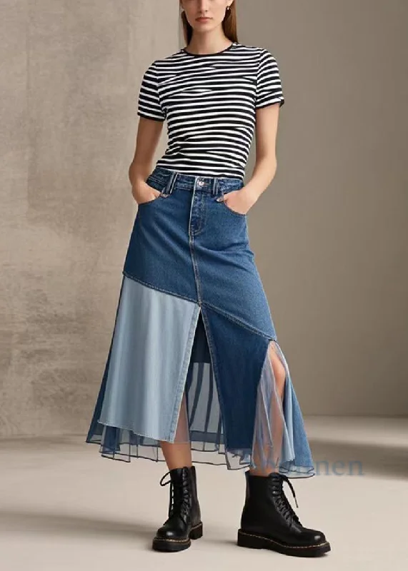 Style Blue Silm Fit Patchwork Side Open Denim Skirts Spring slim fit skirt