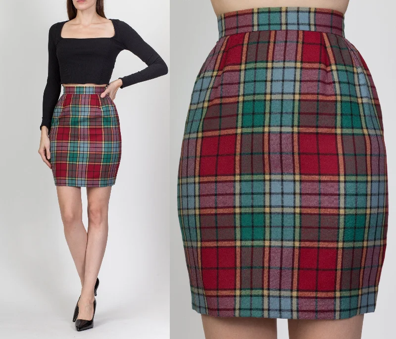 Vintage Plaid Mini Pencil Skirt - Extra Small, 22.5" leather skirt sleek