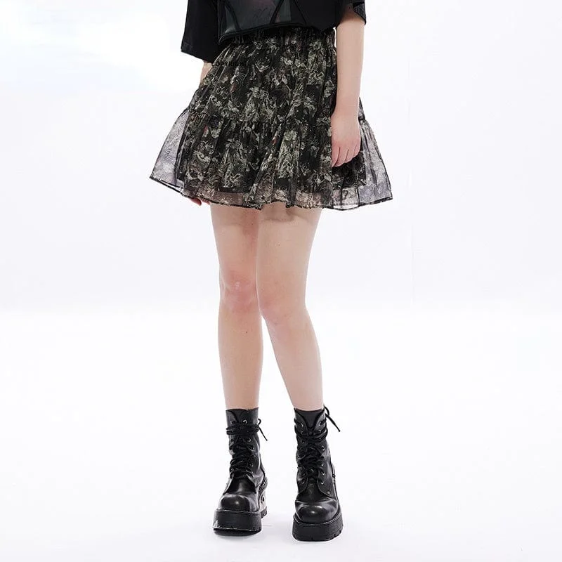 Women's Grunge Cat Printed Chiffon Short Skirt chiffon skirt delicate