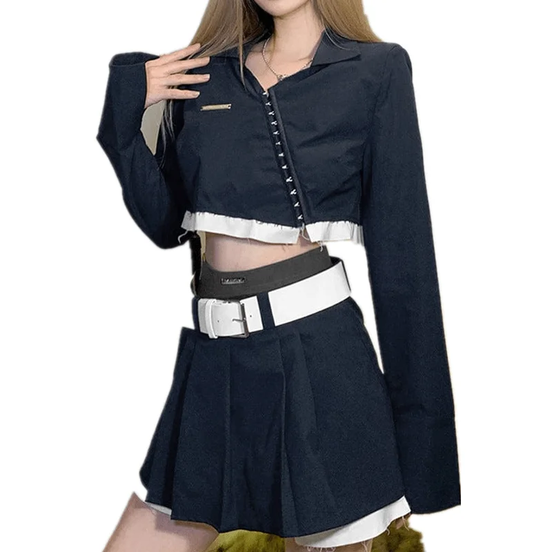 Women's Grunge Contrast Color Mini Skirt with Belt chiffon skirt airy