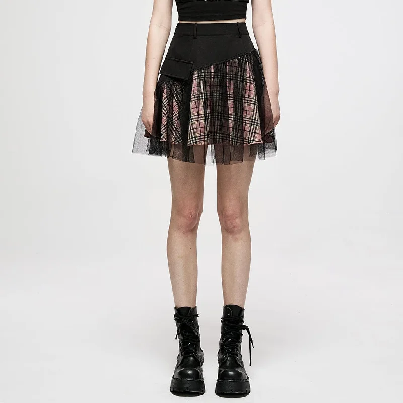 Women's Grunge High-waisted Mesh Red Plaid Short Skirt chiffon skirt flowing