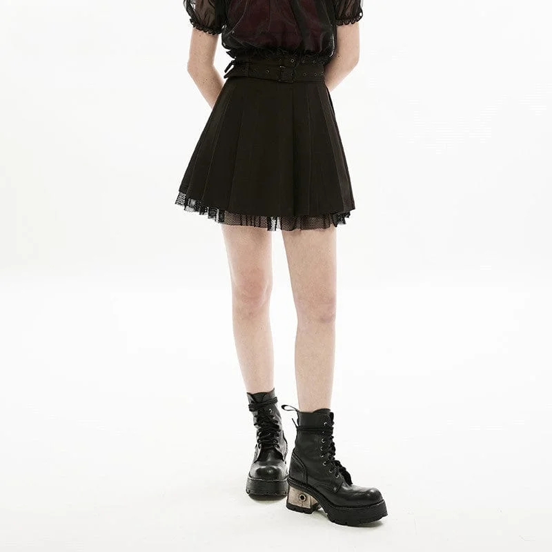 Women's Grunge JK Lace Hem Pleated Skirt with Belt velvet skirt glossy