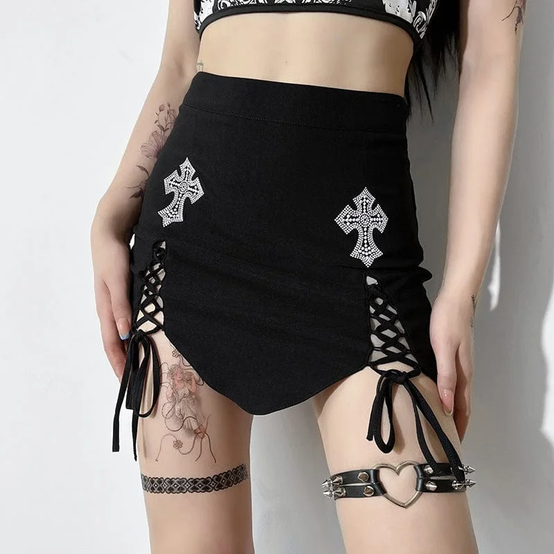 Women's Grunge Lacing-up Cross Printed Wrapped Skirt lace skirt intricate