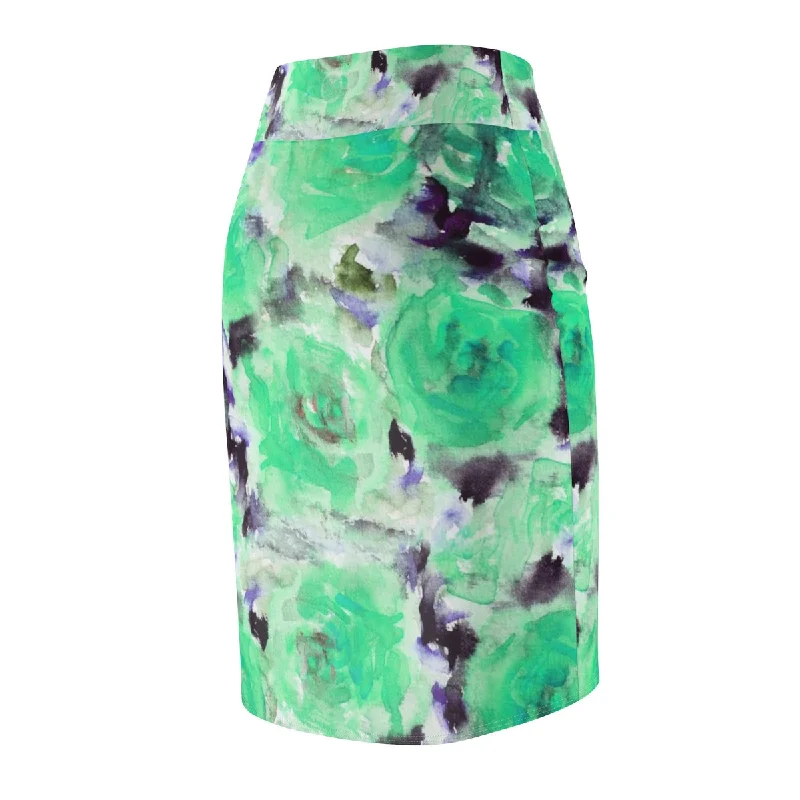 Turquoise Flower Pencil Skirt, Best Blue Floral Rose Designer Women's Pencil Skirt - Made in USA (Size XS-2XL) tiered skirt playful