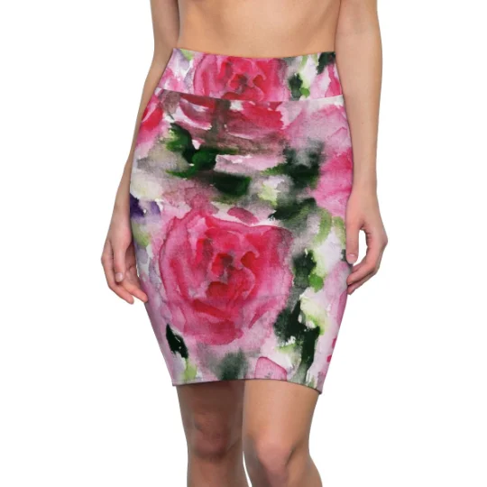 Pink Misty Flower Pencil Skirt, Best Rose Floral Designer Women's Mid-Waist Pencil Skirt - Made in USA lace skirt elegant