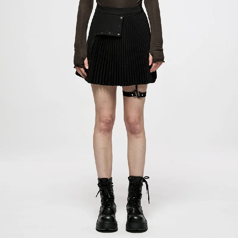 Women's Punk High-waisted Pleated Skirt With Garter leather skirt sleek